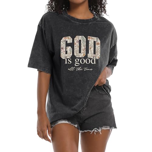 Image of Christian God is Good Shirts for Women Jesus Faith Religious T Shirts Floral Graphic Oversized Acid Washed Tee Tops