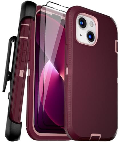 Coque iPhone 13 avec clip ceinture antichoc rose et vin
