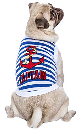 Parisian Pet Dog Summer Clothes | 'Captain' Funny Dog Tshirt With Embroidery Pattern, Size S #TOP2