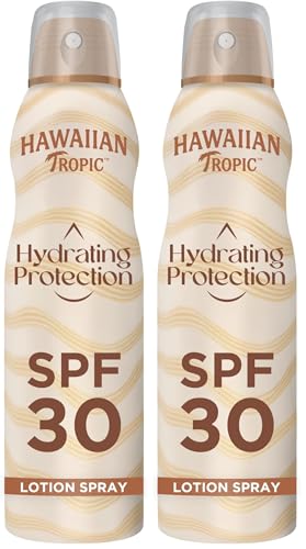 Image of Hawaiian Tropic - Hydrating Protection Sunscreen Spray, Water Resistant SPF 30 UVA + UVB Protection Sun Block, Tropical Scent Sun Lotion, 177 ml (Pack of 2)