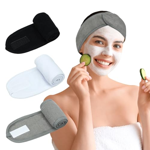 Pejnl 3 Pack Facial Spa Headband for Women - Adjustable, Non-Slip Terry Cloth Headband for Washing Face, Makeup, and Shower - Soft and Stretchable Hair Wrap