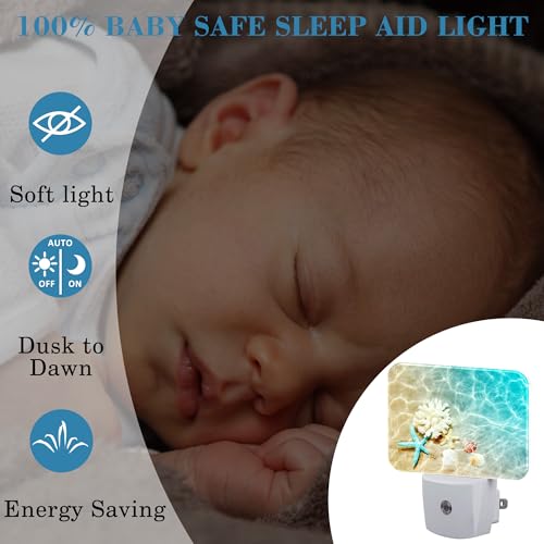 Image of Starfish Coral and Seashell Plug in Night Lights, Beach in Sea Water Nightlight Plug Into Wall Dusk to Dawn Sensor for Kid Girls Boys Women Men Room, Hallway, Kitchen, Bathroom, Stairs Decor