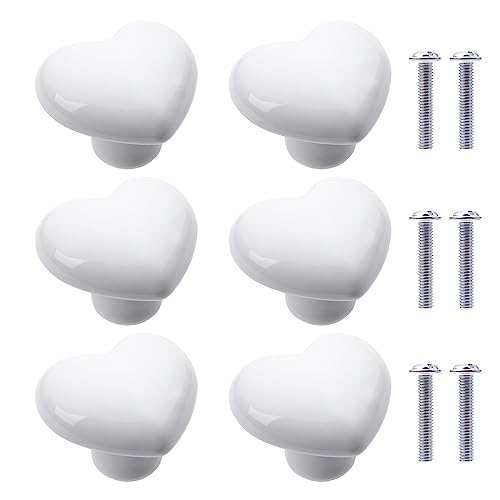 NAKUPENDA 6Pcs Furniture Ceramic Knobs Heart Shape Ceramic Cupboard Drawer Knobs Ceramic Handles with Screws for Children's Room Kitchen Cupboards Bookshelf (White)