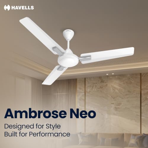 Image of Havells 1200mm Ambrose Neo Energy Saving Ceiling Fan| High Speed, High Air Delivery| Strong & Powerful Motor| Air Delivery: 220 m /min| Speed: 370 RPM| 2 Year Warranty|(Pack of 1,Elegant White)