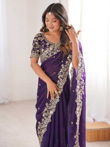 Image of AKHILAM Women's Shimmer Satin Sequence Embroidery Saree With Unstitched Blouse Piece(AARYAN21401 KR Parent)