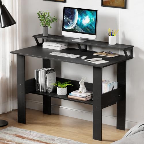 Image of Lukzer Study Table with Monitor Riser & Open Book Shelf (MST-004 /Black) Engineered Wood Computer Table for Laptop, PC & Home Office, DIY Office Desk with Storage Organizer Shelf (90 x 86 x 50 cm)