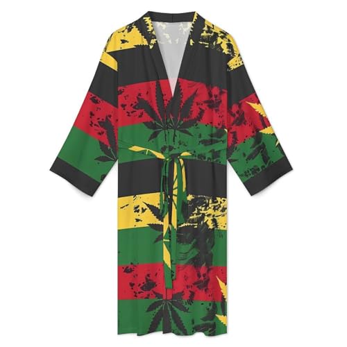 Vintage Rasta Flag Weed Men's Robes Long Sleeve V Neck Bath Robe Printed Bathrobes Cozy Soft Sleepwear3