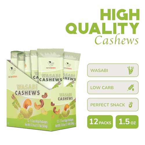 Image of NEWBAM Wasabi Roasted Cashews - 12 Individual Packs (1.5oz) - Vegan | Real wasabi seasoning, Japanese-inspired flavor. 15g net carbs, 5g protein. From Binh Phuoc, Vietnam.