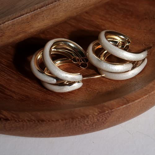 Sonateomber White Beige Enamel Chunky Open C Triple Hoop Statement Gold Stud Earrings For Women - Fashion Trendy Cute Large Big Split Summer Jewelry Gift #TOP2
