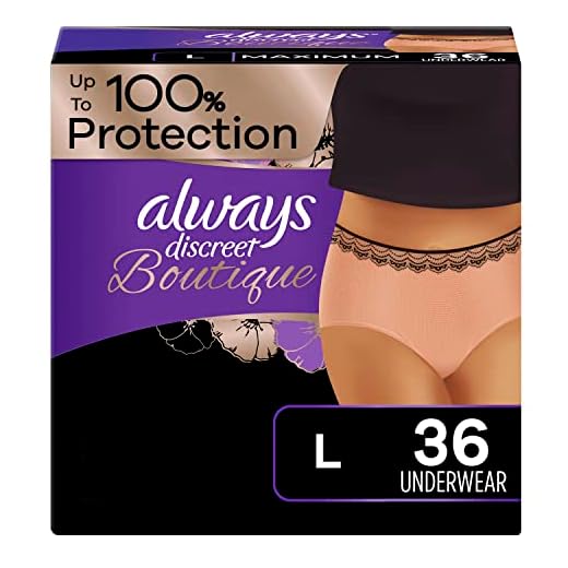 Always Discreet Boutique Incontinence Underwear for Women, Large, 18 Count x 2 Packs (36 Count total)