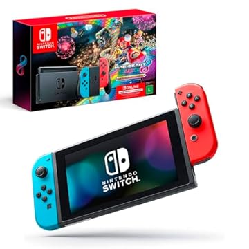 Nintendo, Console, Nintendo Switch, Inclui Mario Kart 8 Deluxe e 3 Meses de Nintendo Switch Online,Portátil e Doméstico, Bateria de até 9 Horas, Joy-Con com Suporte e Alças, Azul Neon e Vermelho Neon