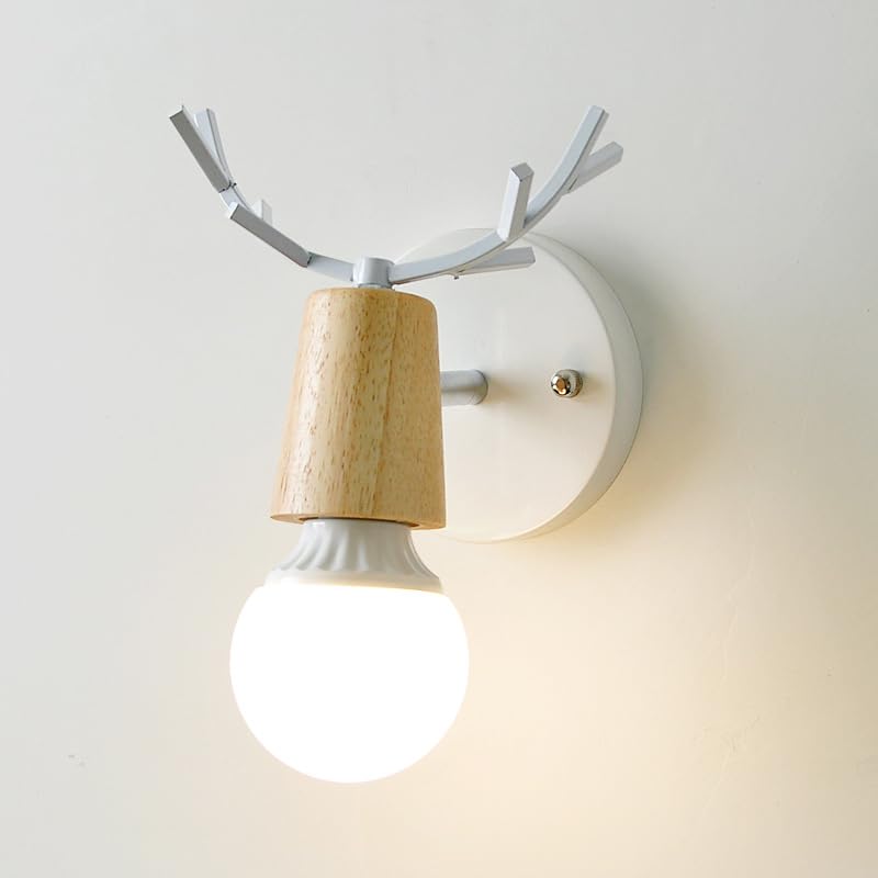 Image of LITFAD Minimalist Wall Sconce Deer Horn Shape Wall Light Modern Wall Mounted Lamps Single Light Exposed Bulb Design Wall Lighting Fixtures for for Hallway, Bedroom, Living Room, Bathroom,White-Wood
