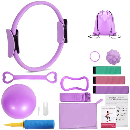 LENGAMPLAY Pilates Ring Set with Resistance Bands– Anti-Slip Magic Circle Pilates Ring for Home Workouts, Full-Body Toning, Strength Training for Women 14PCS