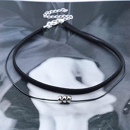 Yheakne Boho Layered Suede Choker Necklace Short Black Velvet Choker Necklace Vintage Leather Necklace Silver Bead Collar Necklace Chain Jewelry For Women And Girls #TOP2