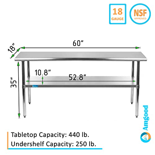 Amgood Stainless Steel Work Table With Undershelf | Kitchen Island Food Prep | Laundry Garage Utility Bench | Nsf Certified (60" Long X 18" Deep) #TOP2