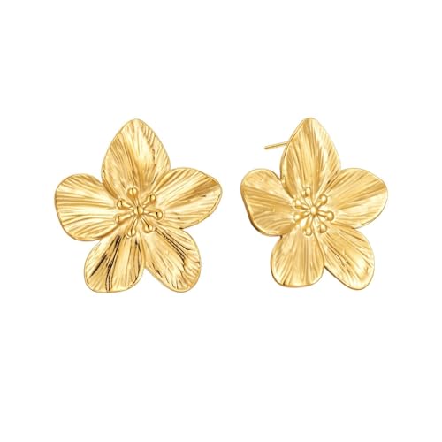 Sylph 14K Gold Plated Flower Earrings Large Flower Statement Stud Earrings Chunky Floral 925 Sterling Silver Earrings Trendy Jewelry Gift for Women