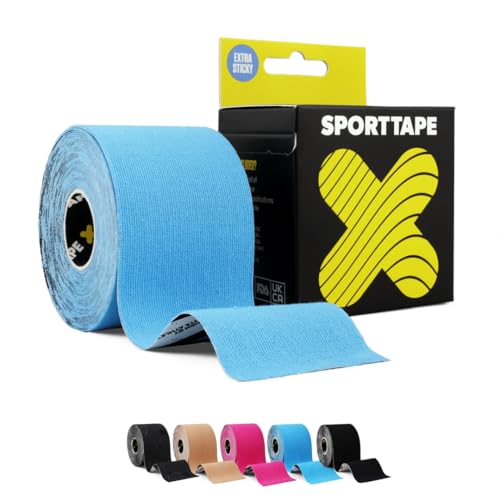 SPORTTAPE Extra Klebrig Kinesiologie-Tape, 5 cm x 5 m, Blau | Wasserdichtes und hypoallergenes Physio-Tape bei Muskelverletzungen, Unterstützung, Erholung | Ungeschnitten