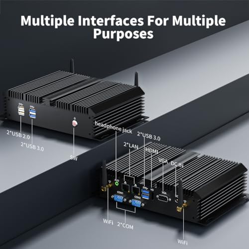 Image of Thdeukoty Fanless Mini Industrial PC, Desktop Computer Core i5-4200U Windows 10 Pro, 16GB RAM 256GB SSD, 2xNICs, 2*COM RS232, 4xUSB3.0, Dula-Band WiFi, HDMI /VGA Ports, Gigabit LAN, Auto Power On