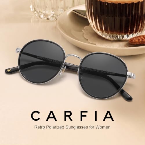 CARFIA Retro Round Polarized Sunglasses for Women UV Protection Acetate Arms Metal Frame Driving Glasses Dark Black — view 4