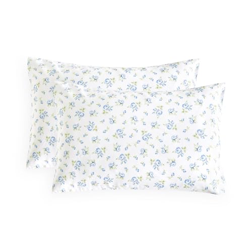 Wake In Cloud - Floral Pillow Cases, Coquette Cottagecore Aesthetic Flower Shabby Chic Rose Pattern, Set of 2 Soft Pillowcases Pillow Shams Covers, White Blue, Standard Size 20x26 Inches