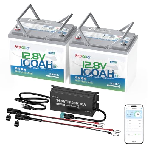 Redodo Bluetooth 12V 100Ah LiFePO4 Battery with 12V/16V 10A Charger, Low-Temp Protection Group 24 Lithium Battery for Trolling Motor, Upgraded 100A BMS, Ideal for Marine, RV, Solar, Off Grid-2 Pack