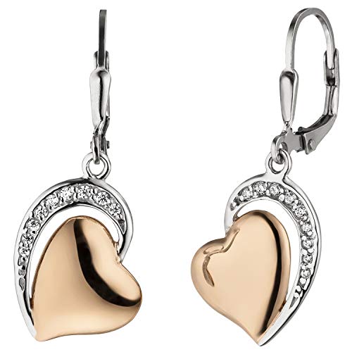 JOBO Damen Ohrhänger Herz 925 Silber bicolor vergoldet 18 Zirkonia Ohrringe Boutons