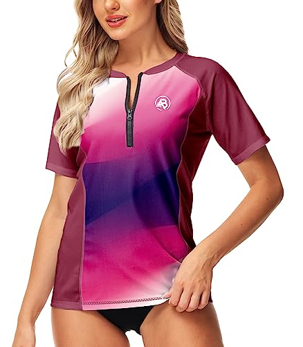 Image of AOBUTE Women Zip Rash Guard UPF 50+ Gradient Short Sleeve Swim Top Surf Shirts