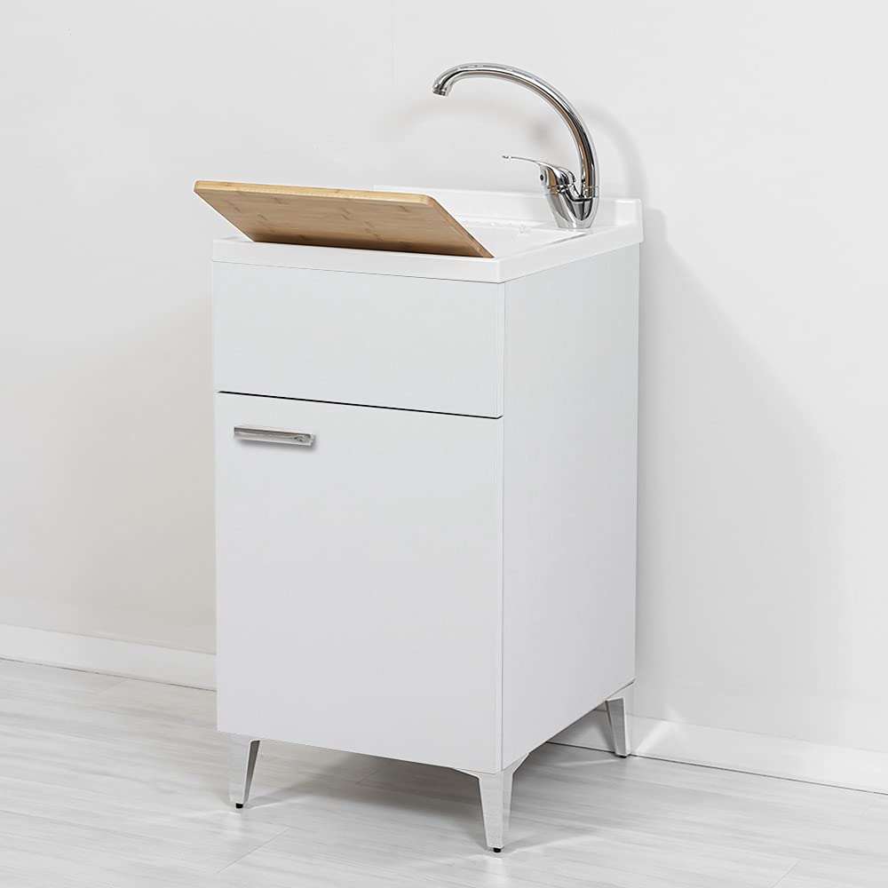 Inbagno Mobile lavatoio salvaspazio 45x50, 1 Anta con Vasca in Resina, Completo di ASSE lavapanni e Kit di Scarico