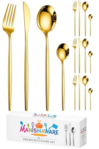 Image of Slim Handle Gold 16 Pcs Stainless Steel Cutlery Set for Dining Table, Dishwasher Safe Glossy Flatware (4 Spoon Set+4 Forks Set+4 Butter Knife+4 Dessert Spoon)