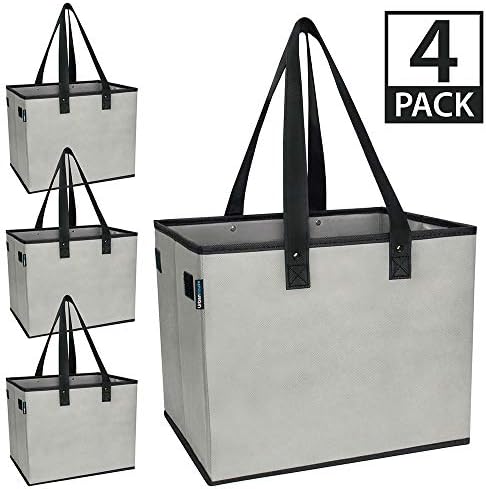 Urban House AUH-SB4GY Large Collapsible Grocery Shopping Tote Box with Reinforced Bottom, 14โL x 11โW x 11โH (Pack of 4), Grey with Black Trim