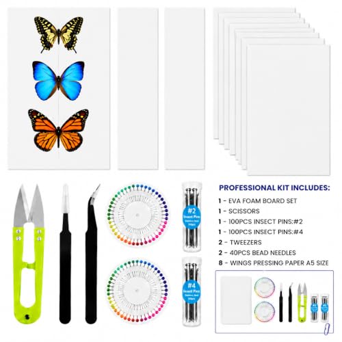 Image of Insect Pinning Kit for Beginners, Complete Bug Specimen Mounting Tools with Combination EVA Foam Board, Wing Spreading Paper, Insect Pins, Tweezers & Scissors, Butterfly Mounting Kit for Entomology