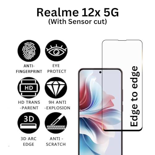 Image of compatible with Realme 12X 5G Smartphone Tempered Glass [With Warranty] Screen Protector Guard Full Edge To Edge 9H Full Glue Fhd With Easy Installation Kit-Pack Of 1 (Realme 12X)