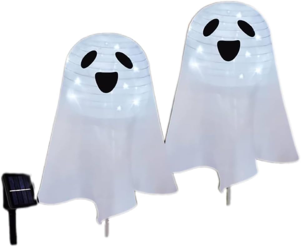 Solar Ghost Pathway Lights Set of 2, Lighted up Halloween