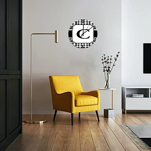 Funlucy White Black Buffalo Plaid Alphabet Initial Letter C Wall Clock English Letters Battery Operated Silent Non-Ticking Pvc Clock 10X10 Inch For Home Kitchen Bathroom Bedroom Living Room Decor #TOP3