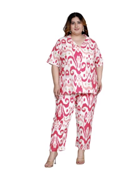 Image of Printed Shirt Style Cotton Night Suit for Women with Extra Plus Size