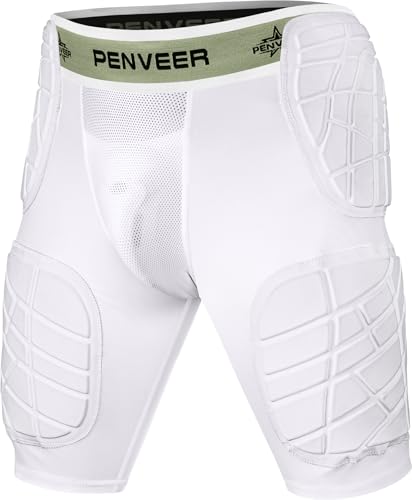 Penveer 5.0 Youth Football Girdle for Boys with Cup Pocket - Padded Compression Shorts with Integrated Hip, Thigh & Tailbone Pads for Maximum Protection (White, YXL)