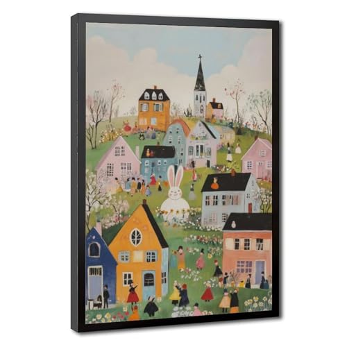 Easter Wall Art Black Framed - Whimsical Bunny Village Folk