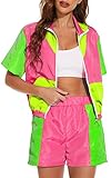 Yisfri Women Retro 80's 90's 2 Piece Track Suit Theme Party Zipper Windbreaker Neon Joggers Set (as1, alpha, l, regular, regular, Pink, L)