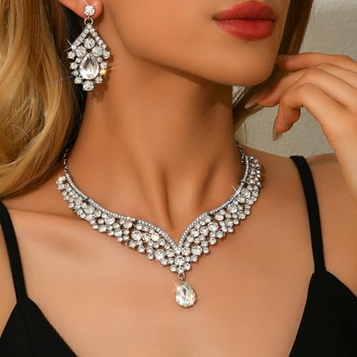 Image of Shning Diva Fashion Stylish Crystal Jewelllery Set for Women | Statement Necklace with Matching Teardrop Earrings | Luxury Elegant Wedding Party Choker Jewelry