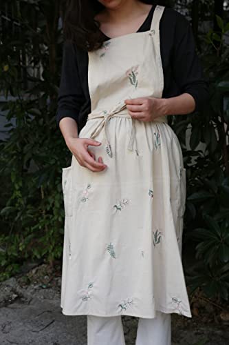 Losofar Embroidered Cotton Pleated Apron Retro Waterdrop Proof Garden Cleaning Pinafore Dress (Floral Beige, 103Cmx86Cm) #TOP6