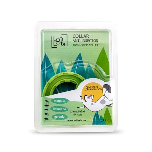 LOTI LOTA Collar Anti-Insectos para Gatos - Activos Naturales - Geraniol, Margosa, Lavandino - 33 cm Ajustable - Resistente al Agua - (Pack 2 Unidades)