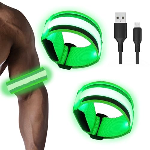 Hillylolly Bracciale LED per Corsa, 2 Pezzi, 3 modalità di Illuminazione, Impermeabile, Regolabile, Luce di Sicurezza per Jogging e Ciclismo (Verde)