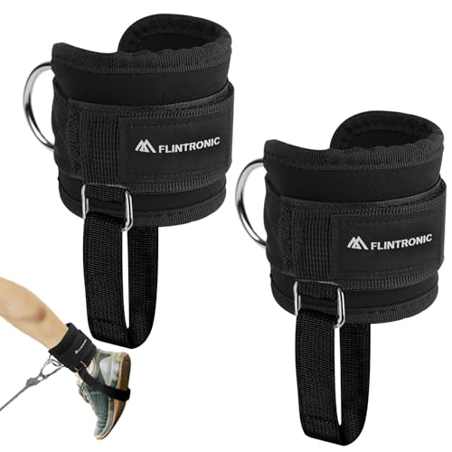 flintronic 2PCS Ankle Straps for Cable Machine Gym Cuffs with Double Stainless Steel D-Ring Gym Ankle Cuff with Adjustable Vel-cro for Men and Women Glute Workouts Leg Extensions Black