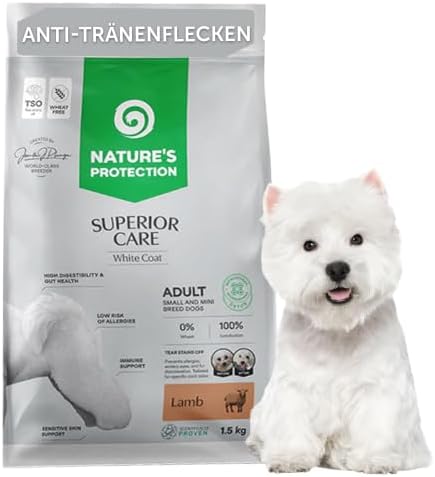 Nature's Protection Superior Care Hundefutter, Lamm und Reis 1,5 kg | Anti-Tränenflecken-Formel für strahlend weißes Fell, Hypoallergen, Kleine Kroketten, Weißes & helles Fell, Kle