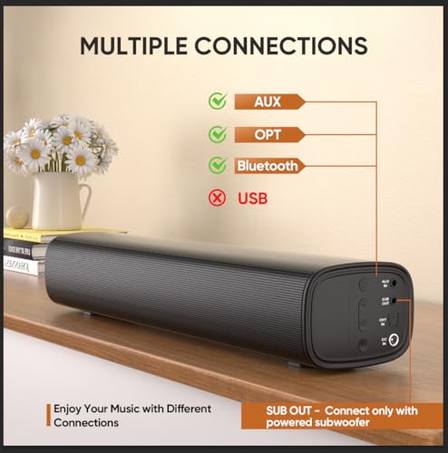 Saiyin 40W Soundbar for TV, 14.2 Inches Sound Bar for PC, Home Theater System with Bluetooth 5.3/Optical/AUX Input, Remote Control, Powered Adapt 3