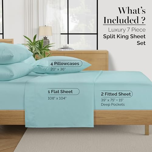 Casa Platino 100% Egyptian Cotton Split King Sheet Set - 7 Pcs - Soft & Comfy Luxury Hotel Split King Bed Sheet Set for Adjustable Beds, Fully Elasticized with Deep Pockets - Blue Sky