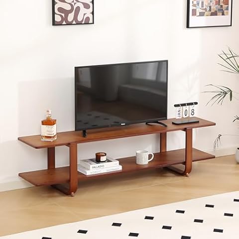 Tiita TV Stand with Storage for TVs up to 65'', Bamboo TV Console Entertainment Center with 2 Open Shelf, Mid Century Modern Media Console for Living Room, Bedroom, Walnut Cover
