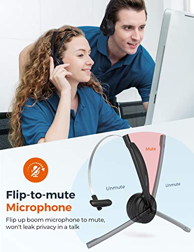 Mpow M5 Pro Bluetooth Headset with Microphone, Wireless Headphones for Cell Phone, Noise Canceling Headset with Charging Base for PC, Laptop, Truck Driver, Office, Call Center, Skype