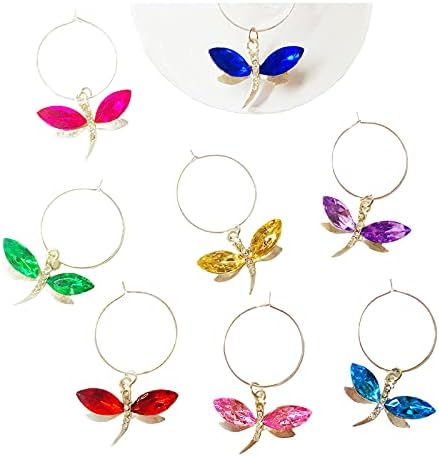 Malikesy Colourful Dragonfly Stem Glass Charms, Wine Markers Charms for Bachelorette Party Anniversary Friends Gathering - Set of 8