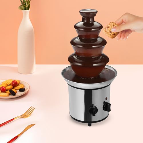 4 Tier Electric Chocolate Fondue Fountain Machine, 1.8L/60.86oz Capacity Melting Machine for Candy Cheese Ranch Sauce and Liqueur, Stainless Steel Chocolate Fountain for Parties Birthday Celebration